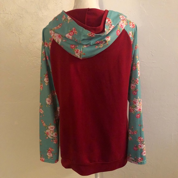 Red and Floral Double-Hooded Hoodie - Picture 2 of 6